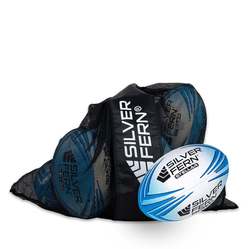 10 Ball Pack Silver Fern Stellar Premium Trainer Rugby Ball, Blue, Size 3, white background image