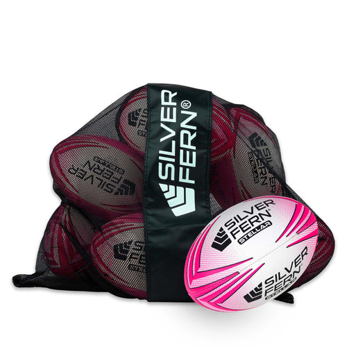 10 Ball Pack Silver Fern Stellar Premium Trainer Rugby Ball, Pink, Size 5, white background image