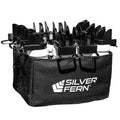 12-Pack Hygiene Bottles With Carrier, Drink Bottles with hygiene caps and chin holder for safe bottle sharing, 12-bottle fabric carrier with removable divider and adjustable carry strap / sling, white background image.