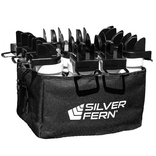 12-Pack Hygiene Bottles With Carrier, Drink Bottles with hygiene caps and chin holder for safe bottle sharing, 12-bottle fabric carrier with removable divider and adjustable carry strap / sling, white background image.