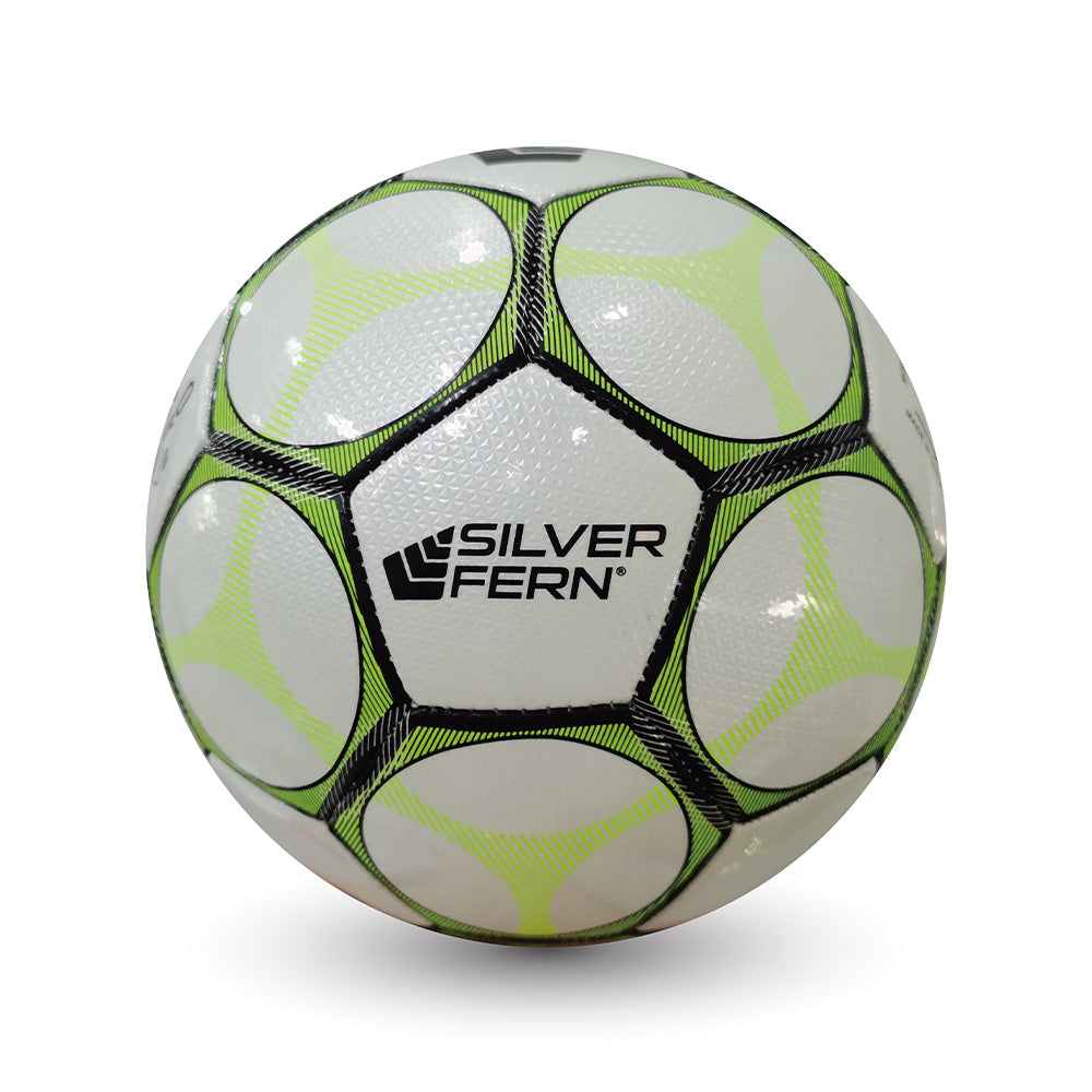 Soccer ball with Silver Fern logo on a white background
