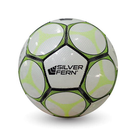 Soccer ball with Silver Fern logo on a white background