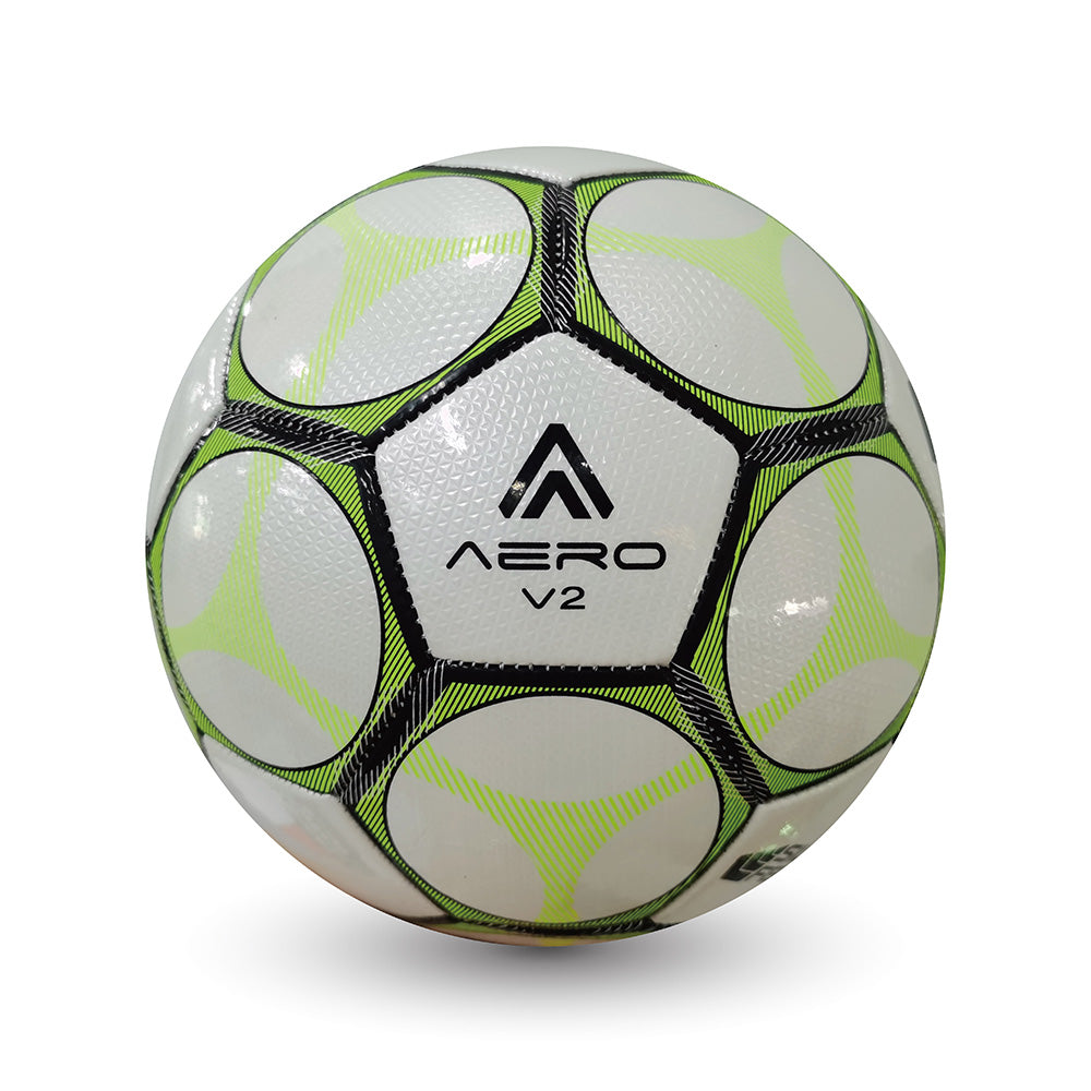 Soccer ball with green and white pattern on a white background