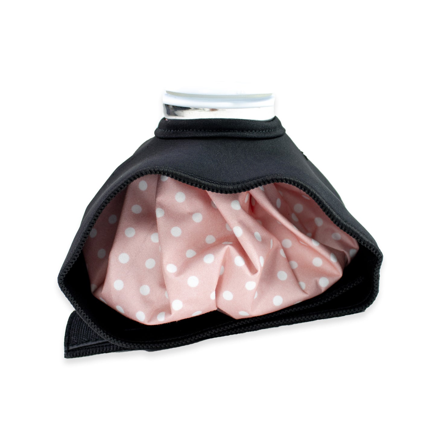 Black neoprene cover with pink polka dot lining on a white background
