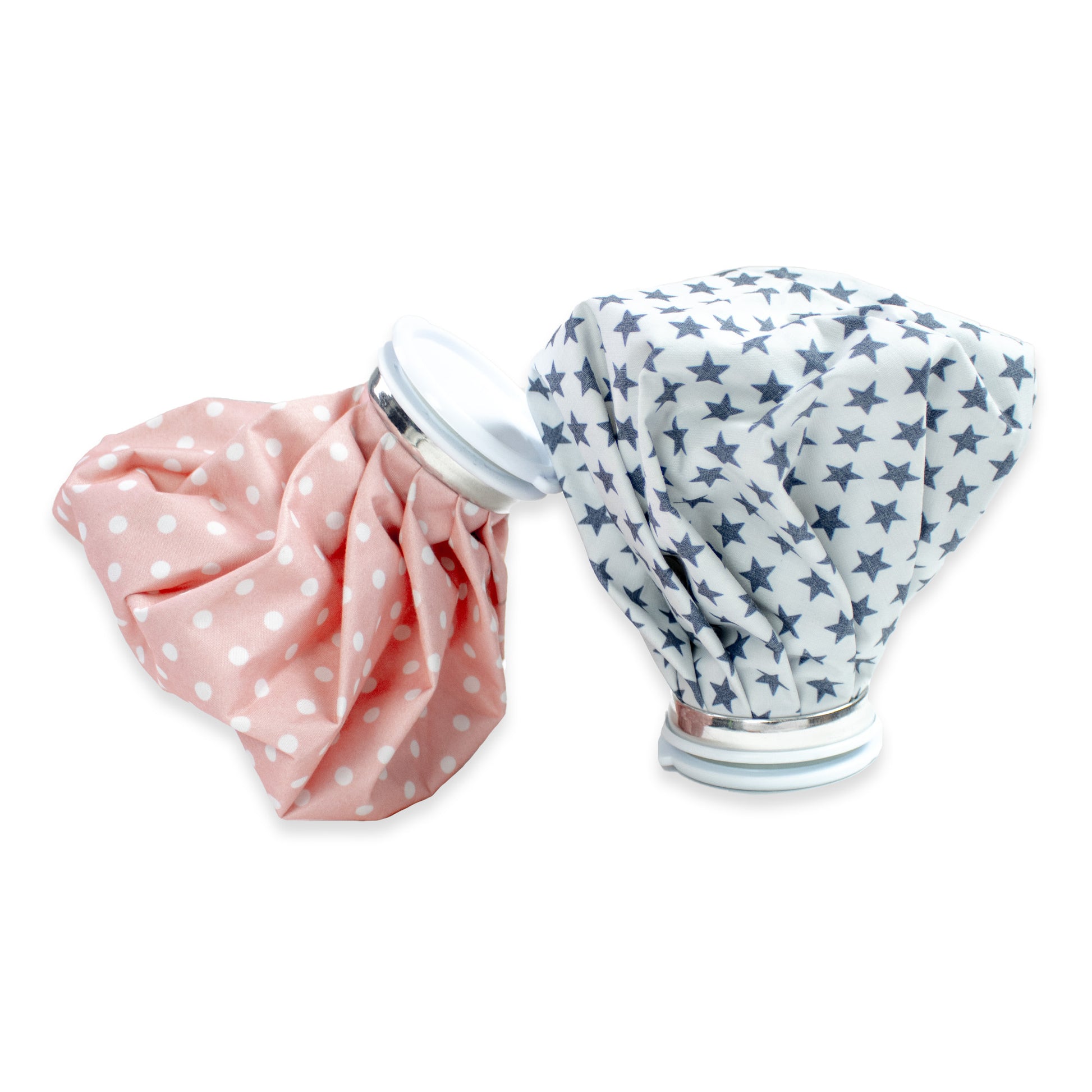 Two ice packs, one pink with white polka dots and the other blue with white stars, on a white background.