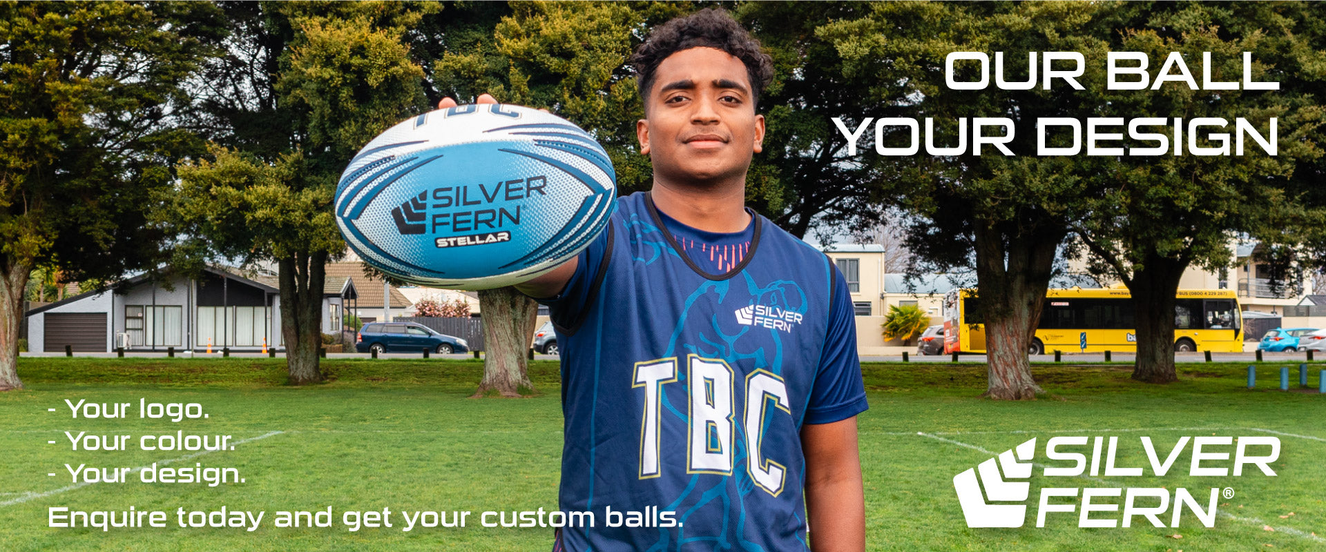 Silver fern custom balls banner, desktop view, your logo, your colour, your design, enquire today