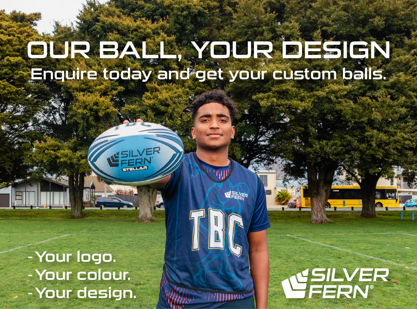 Silver fern custom balls banner, mobile view, your logo, your colour, your design, enquire today