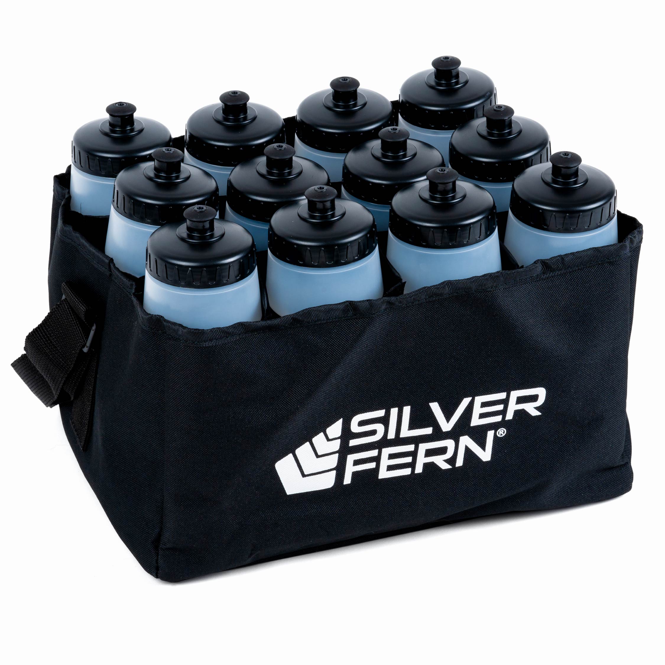 Drink bottle carrier fabric, 12 bottles capacity, bottle in drink bottle carrier, white background