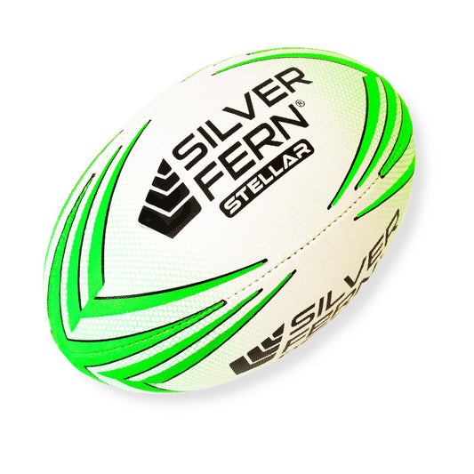 White sports ball with green accents and 'Silver Fern Stellar' branding on a white background