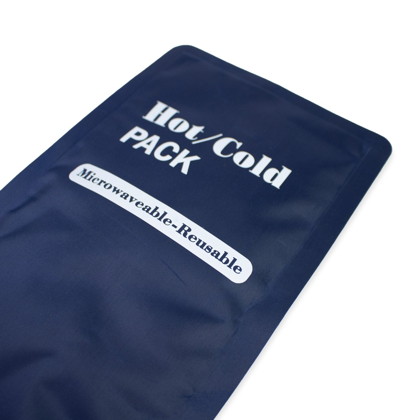 Navy blue hot/cold pack with text on a white background