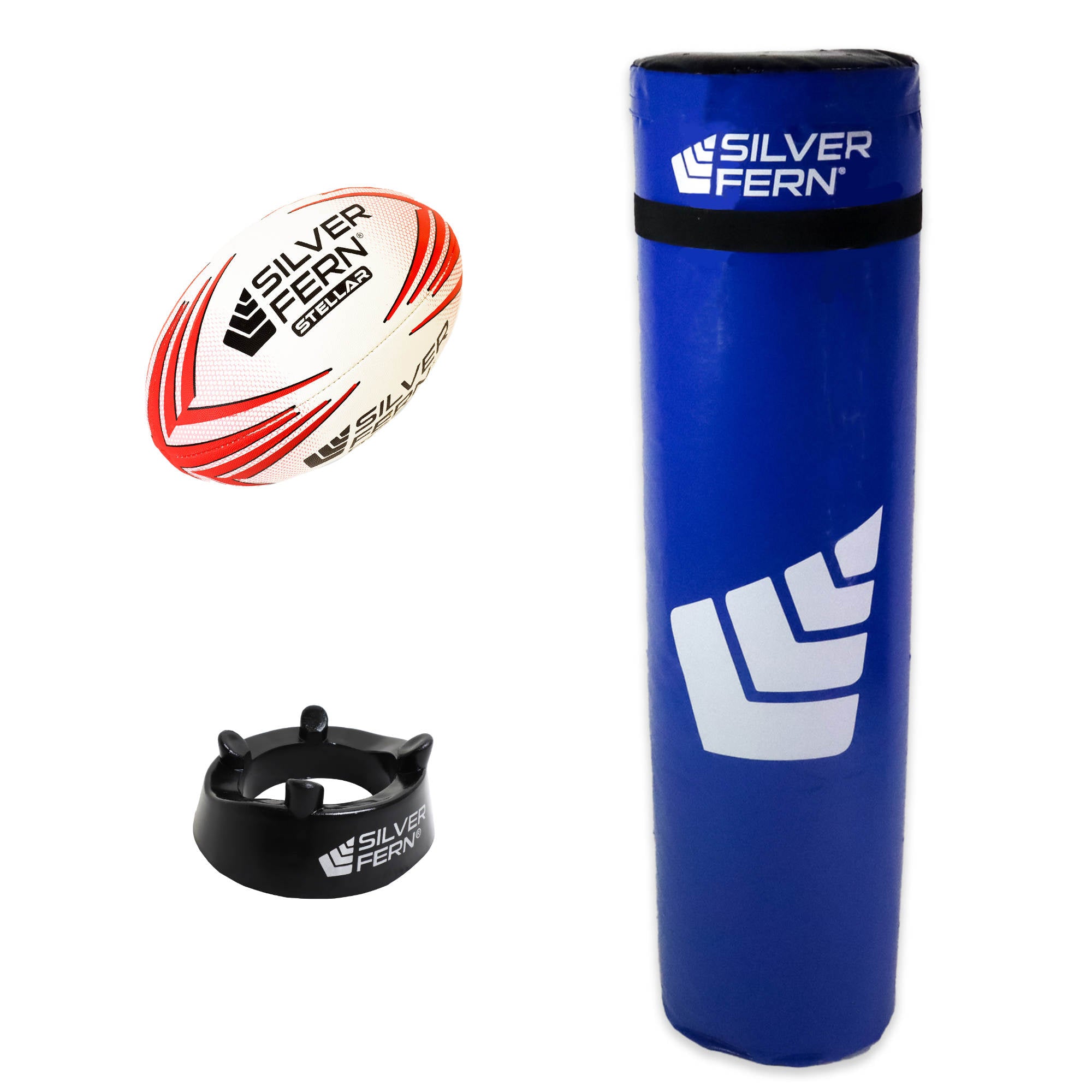 Silver Fern Intermediate Tackle Bag Combo, includes ball and kicking tee, white background photo, red ball variation
