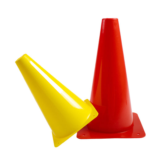 Red and yellow traffic cones on a white background