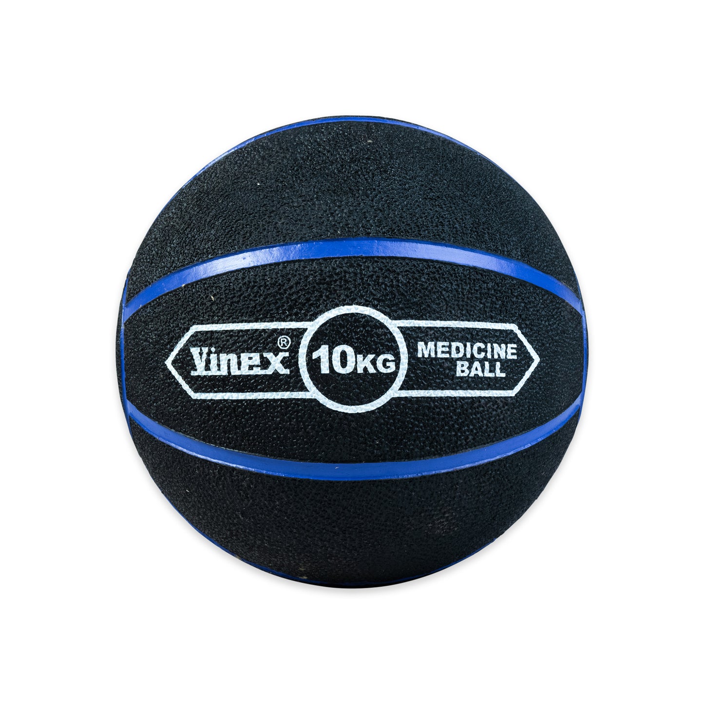 Black medicine ball with blue stripe and Vinex branding on a white background