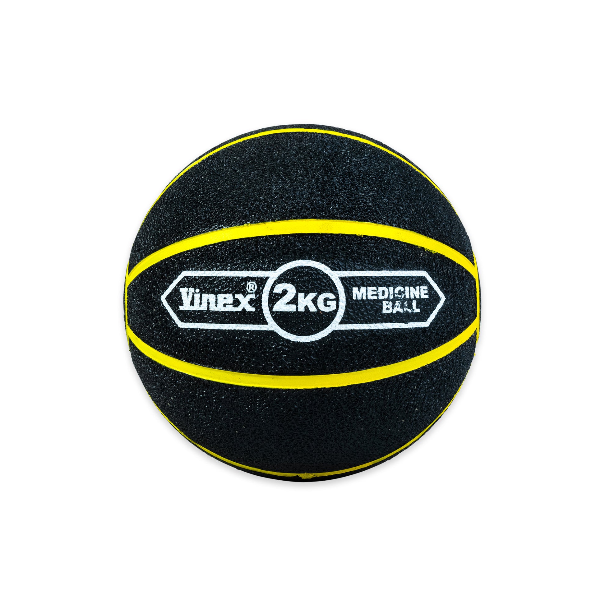 Black and yellow medicine ball with 'Vinex' branding on a white background
