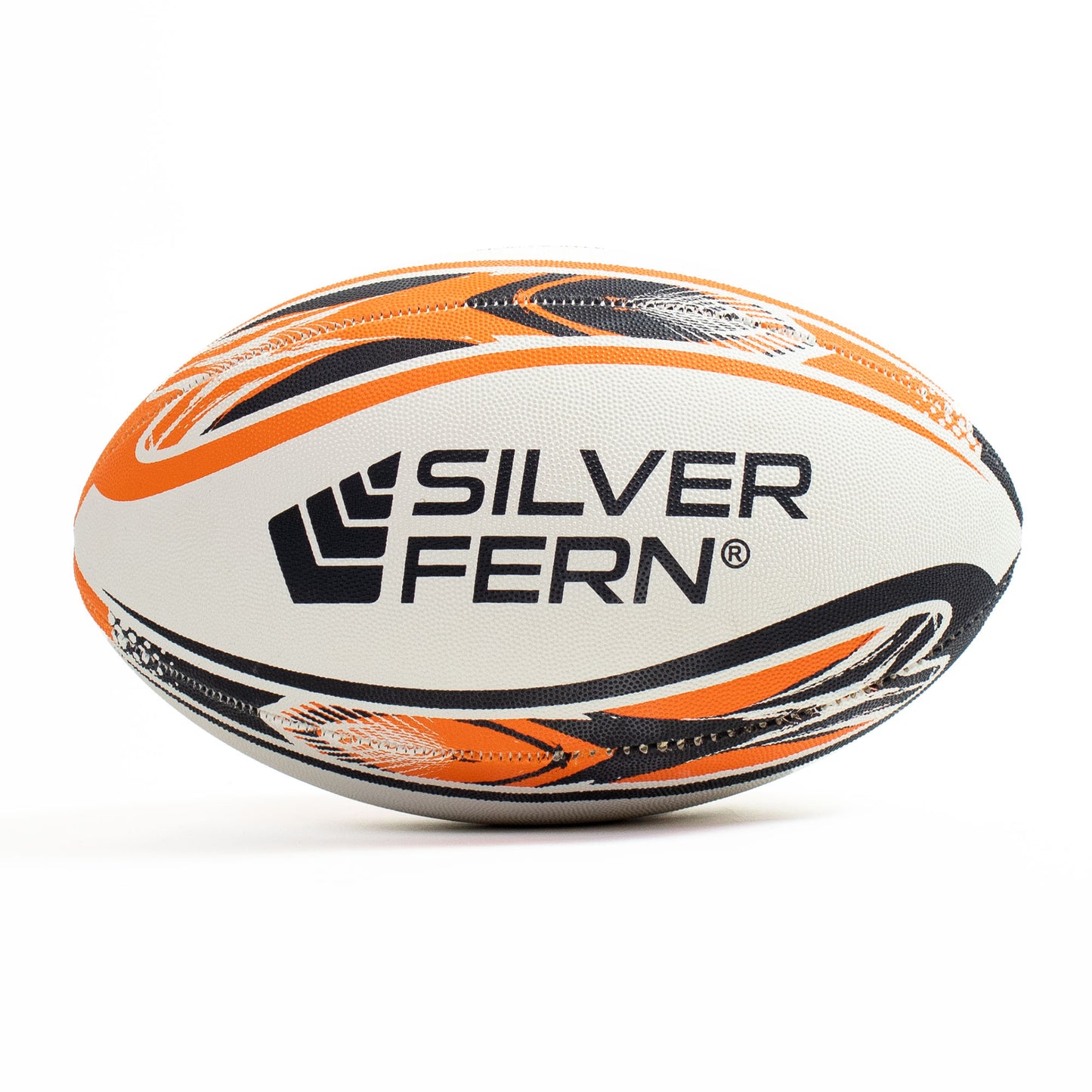White rugby ball with orange and black patterns and Silver Fern logo on a white background