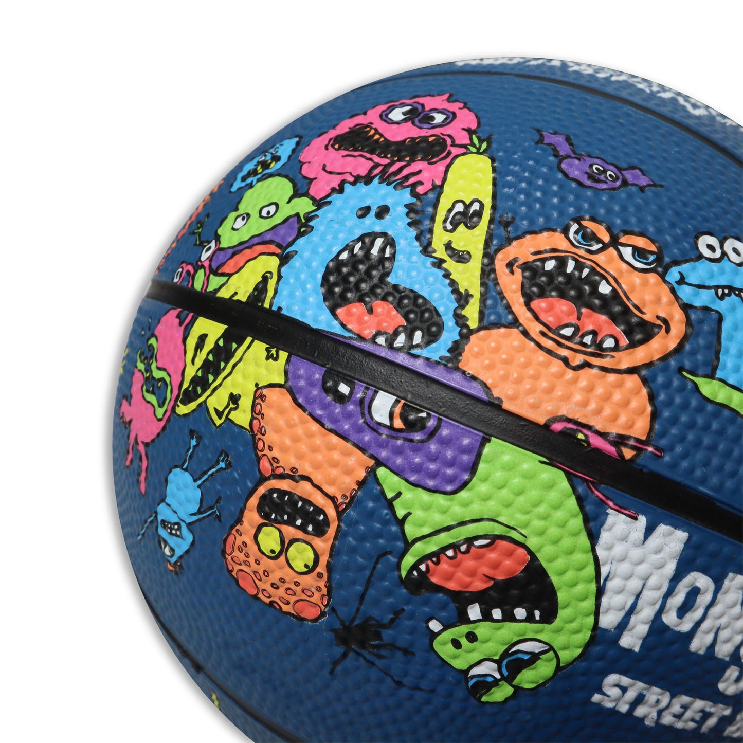 Colorful basketball with cartoonish monster design on a blue background