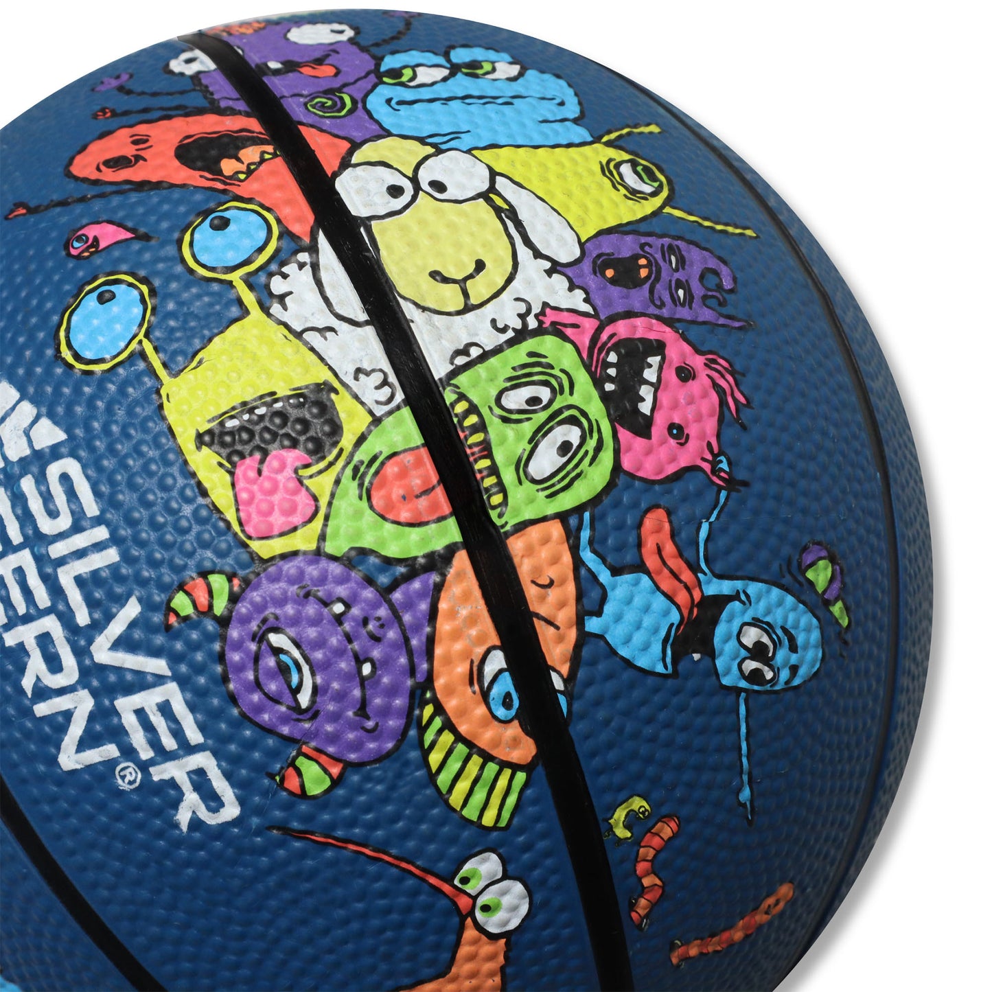Colorful basketball with cartoon characters and 'Silver' branding on a white background