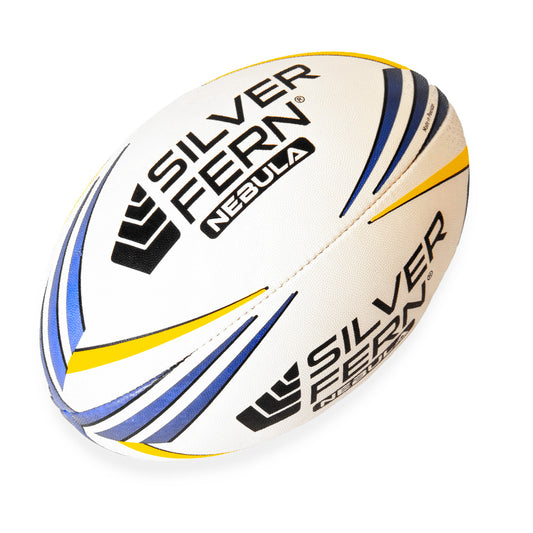 White rugby ball with blue and yellow patterns and 'Silver Fern' branding on a white background