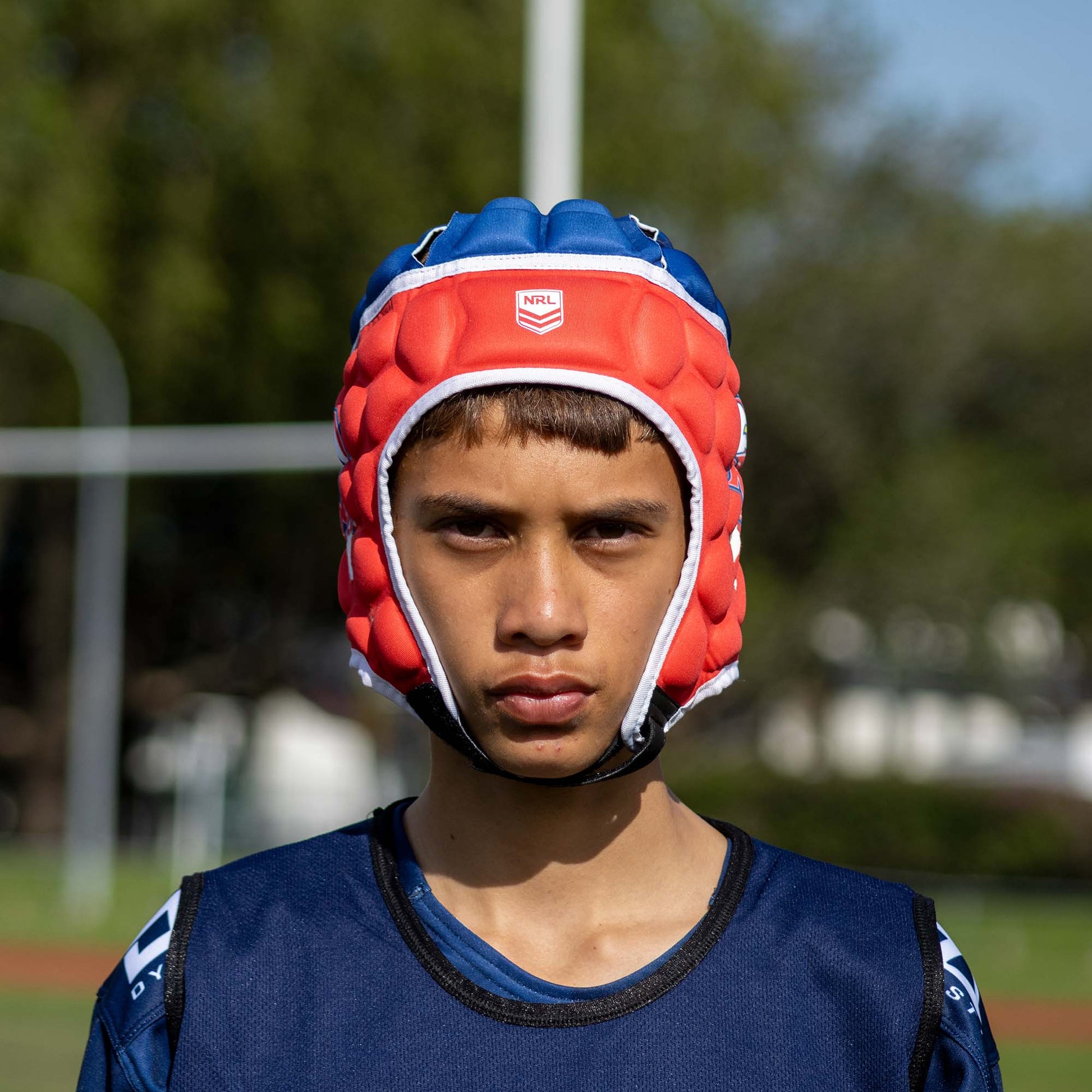 Official NRL Headgear, Sydney Roosters, lifestyle image, front.