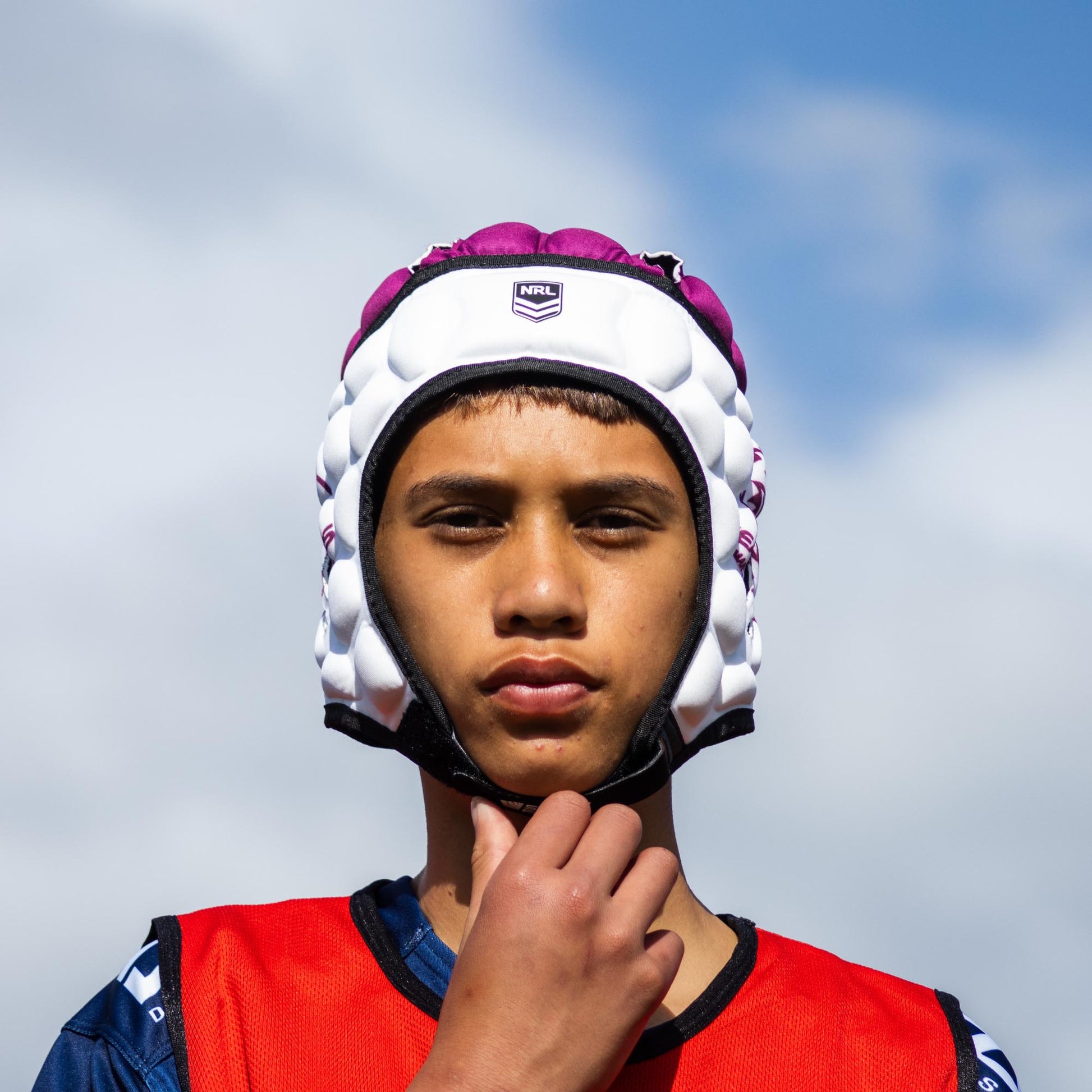 Official NRL Headgear, Manly Warringah Sea Eagles, lifestyle image, front.