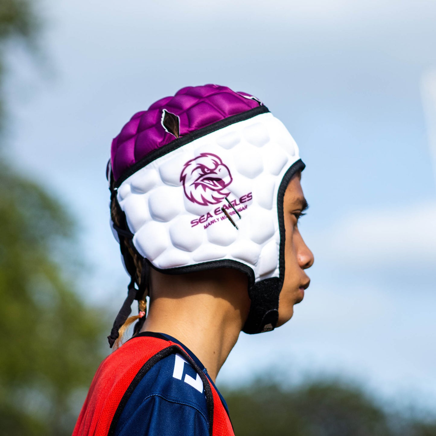 Official NRL Headgear, Manly Warringah Sea Eagles, lifestyle image, side.
