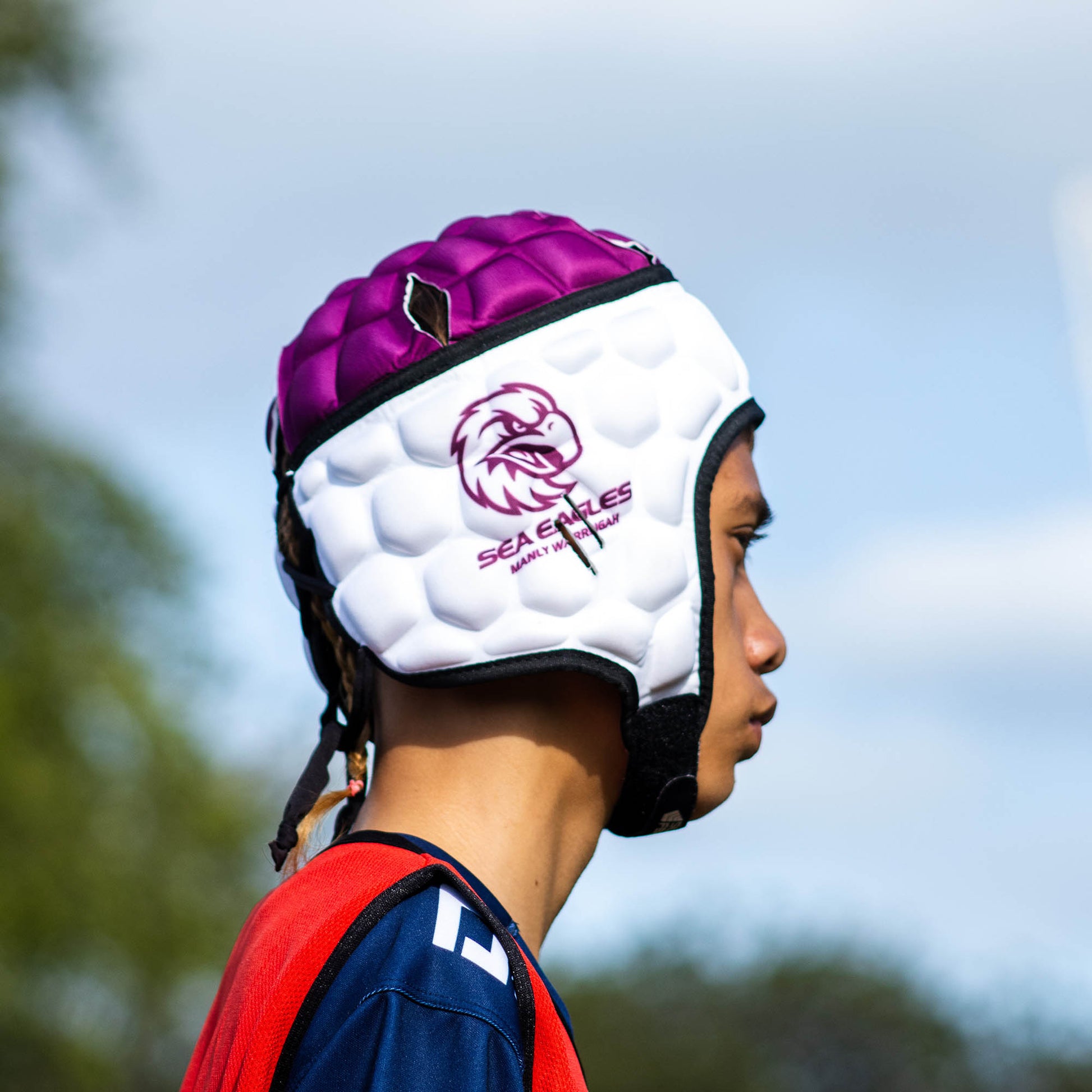 Official NRL Headgear, Manly Warringah Sea Eagles, lifestyle image, side.