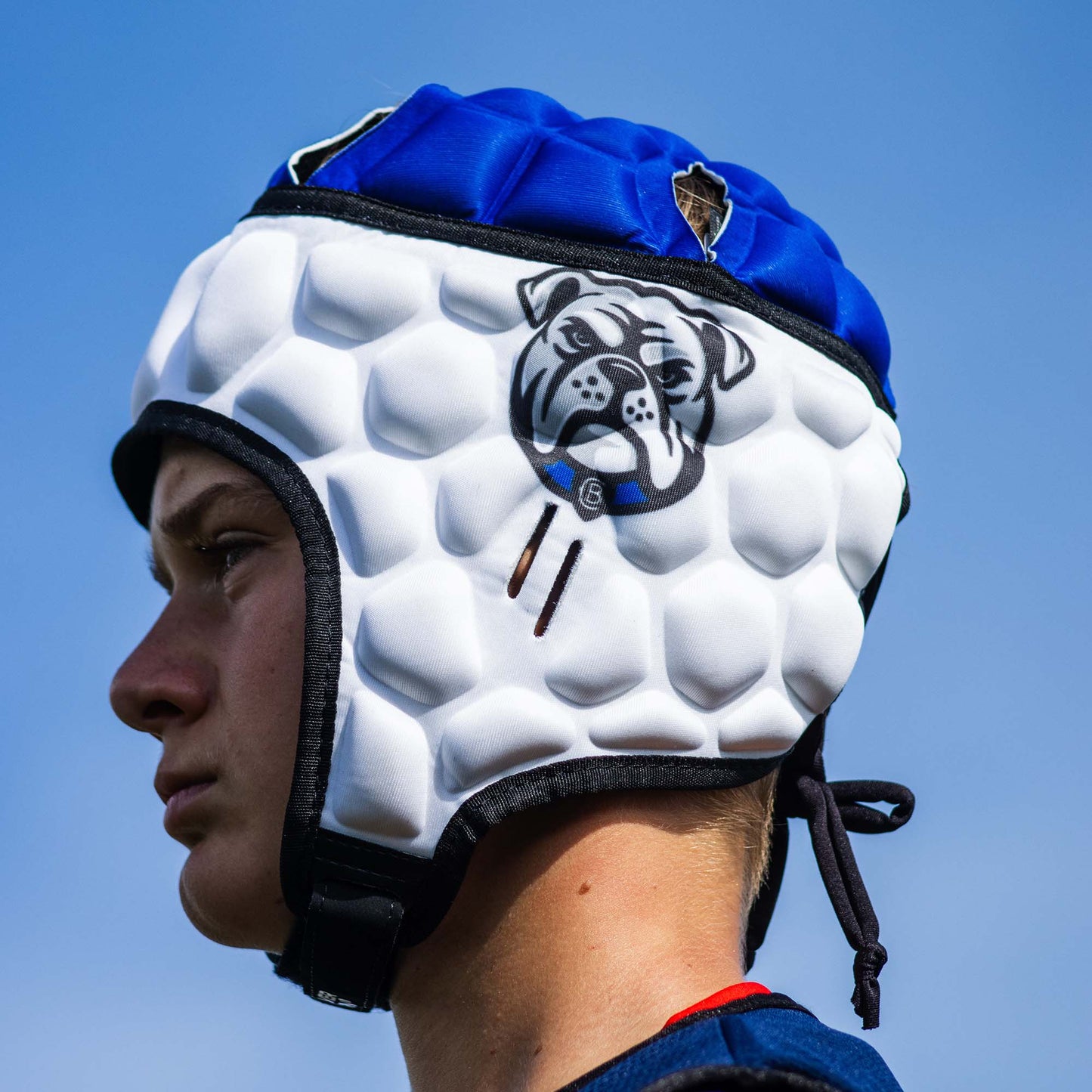 Official NRL Headgear, Canterbury-Bankstown Bulldogs, lifestyle image, side.