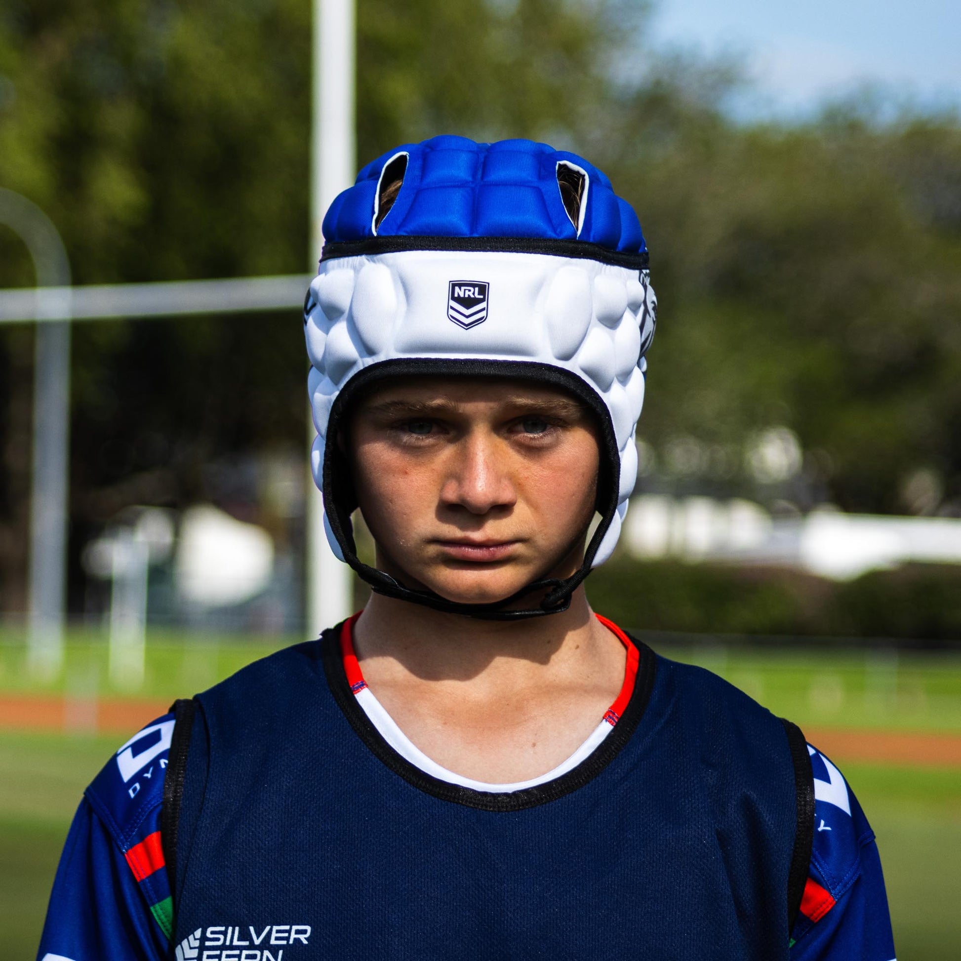 Official NRL Headgear, Canterbury-Bankstown Bulldogs, lifestyle image, front.