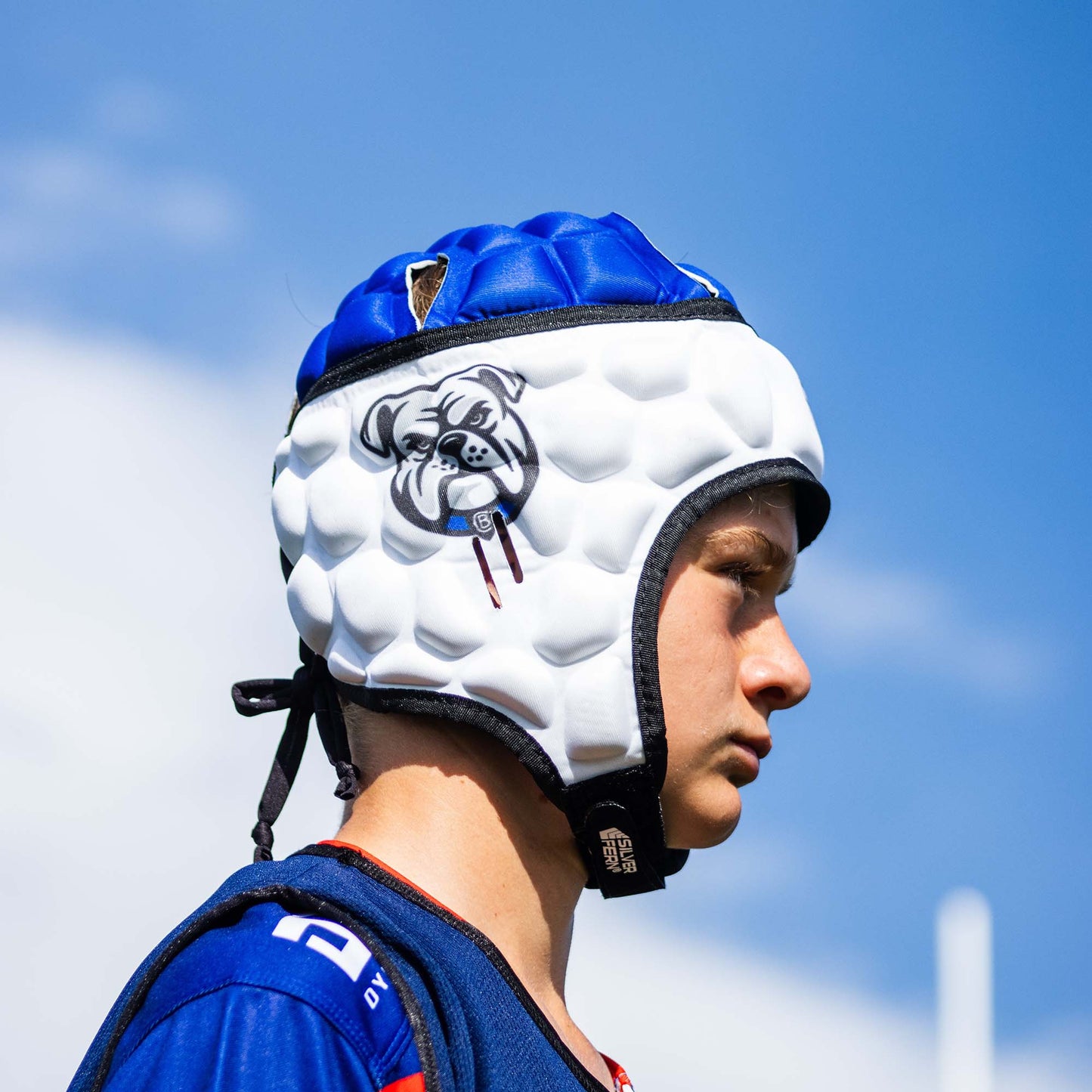 Official NRL Headgear, Canterbury-Bankstown Bulldogs, lifestyle image, side.