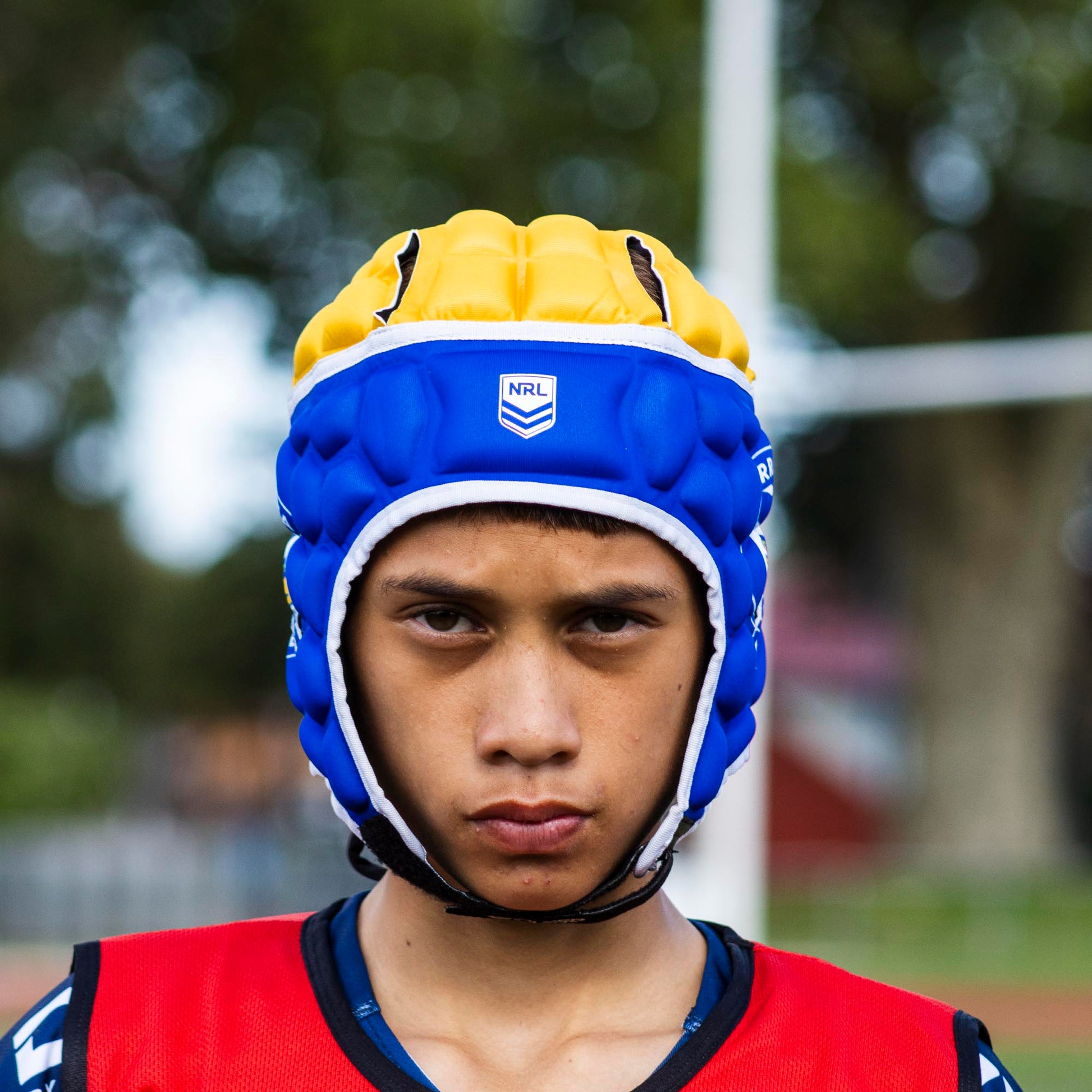 Official NRL Headgear, Parramatta Eels, lifestyle image, front.