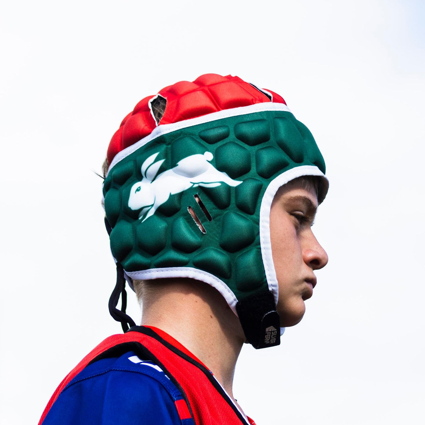Official NRL Headgear, South Sydney Rabbitohs, lifestyle image, side.