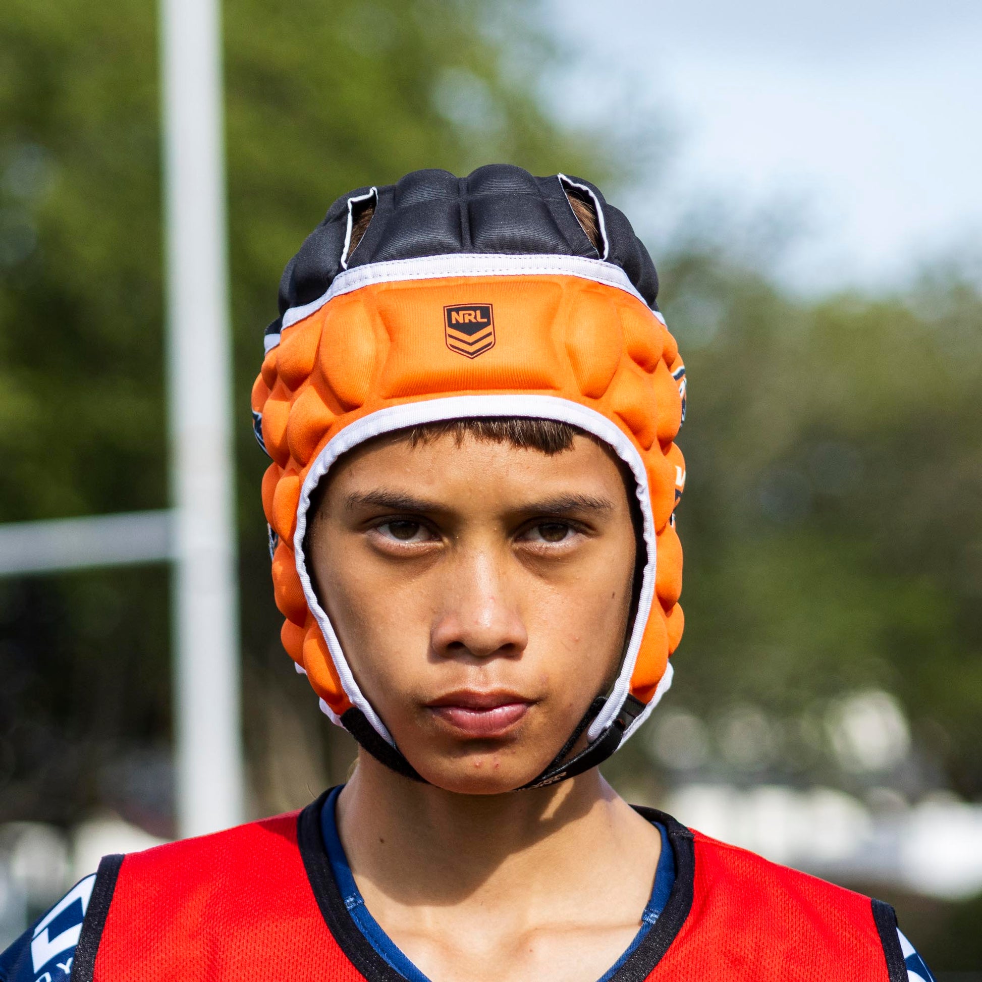Official NRL Headgear, Wests Tigers, lifestyle image, front.