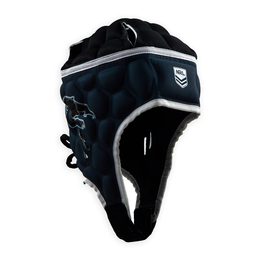 Black rugby helmet with white logo on a white background