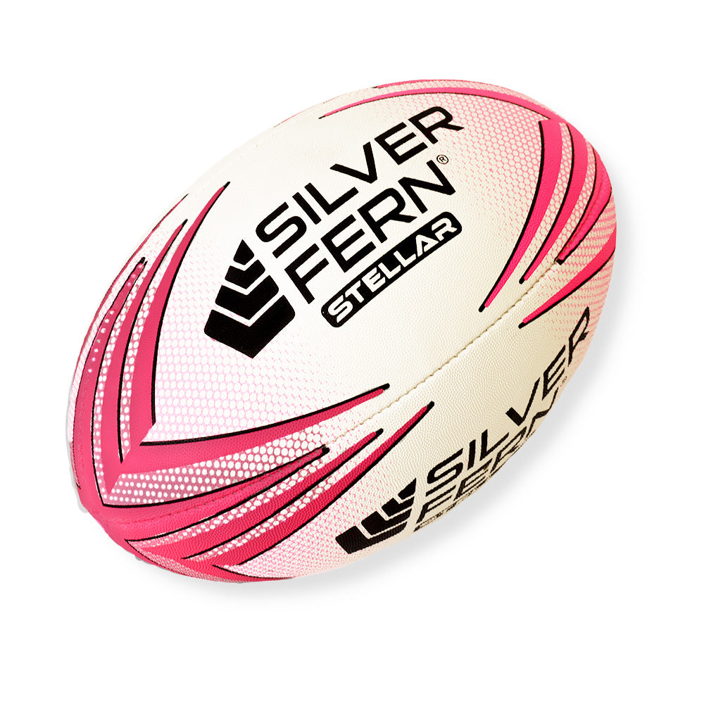 Pink and white rugby ball with 'Silver Fern' branding on a white background