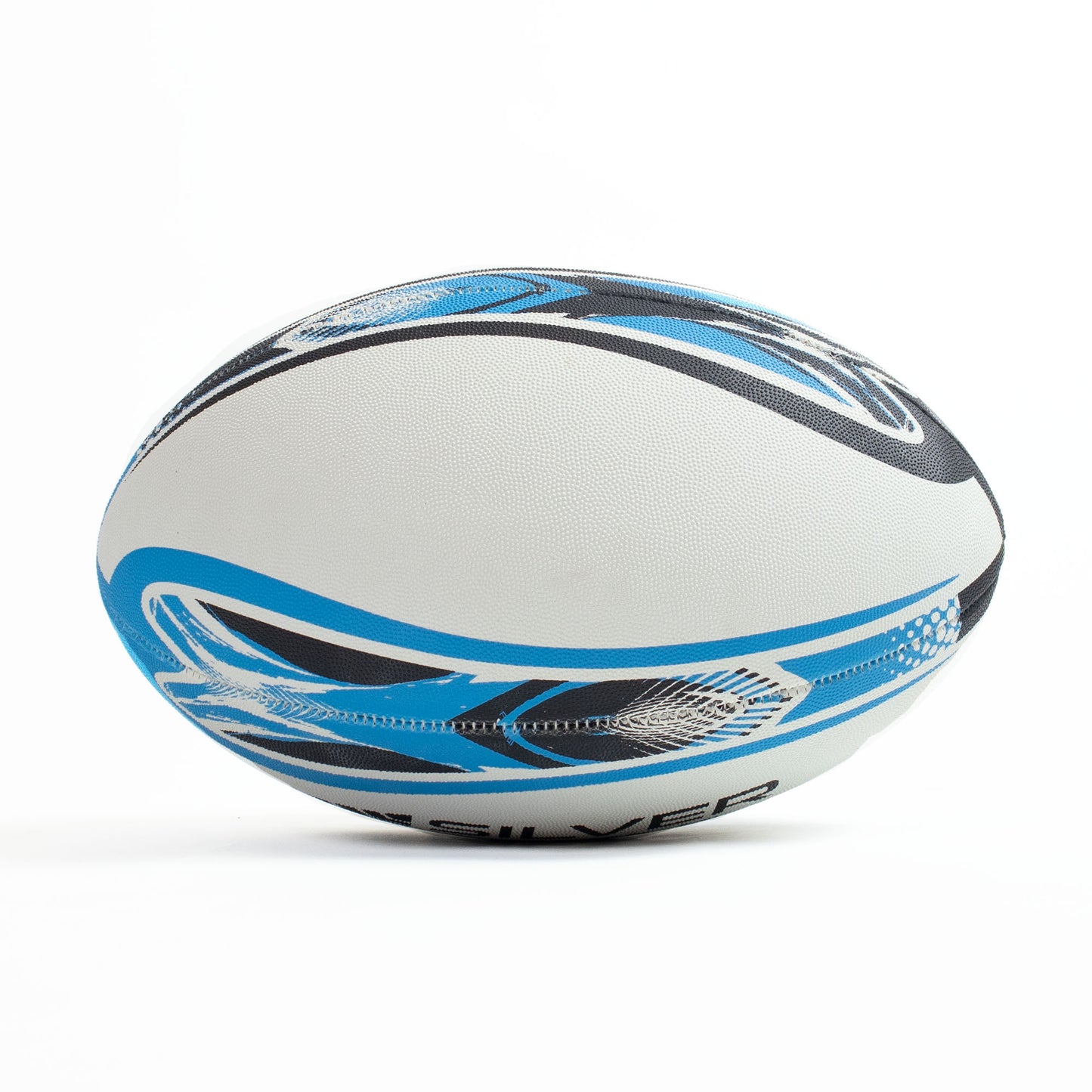 White rugby ball with blue and black patterns on a white background
