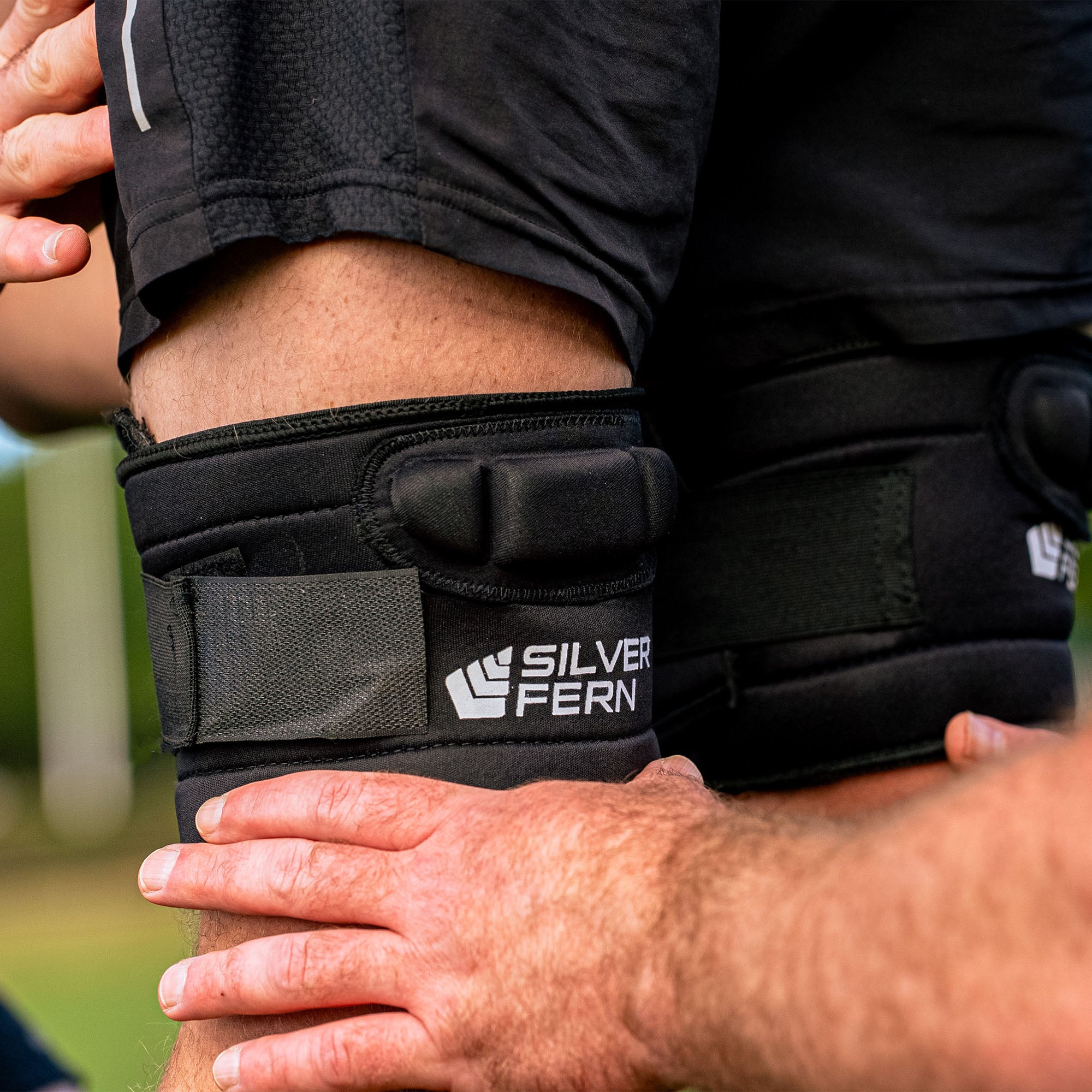 Silver Fern Rugby Lineout Leg Supports Pair, Lifestyle shot, close-up of leg supports in use