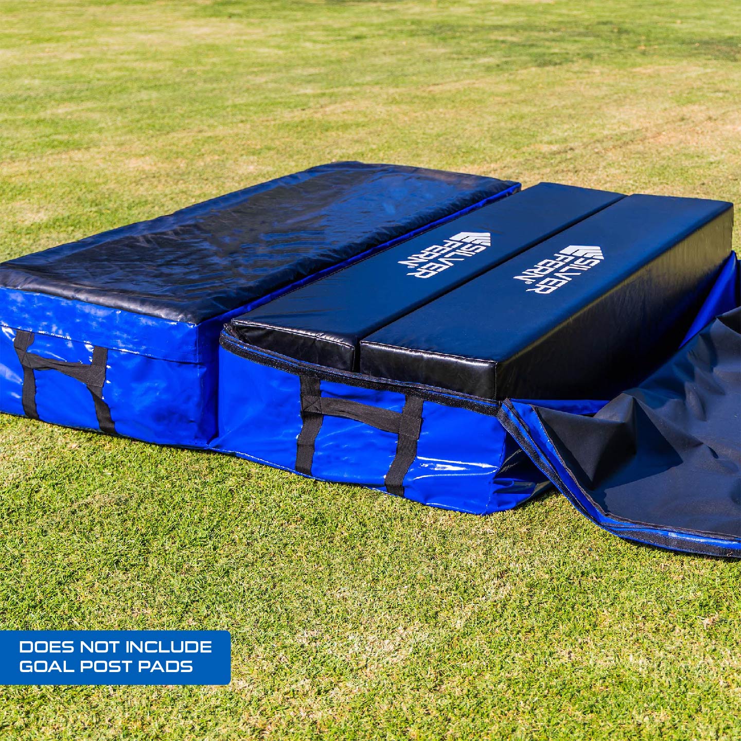 Silver Fern Rugby Tackle Mat Cover for Goal Post Pads, lifestyle shot, mat half open with goal post pads inside.