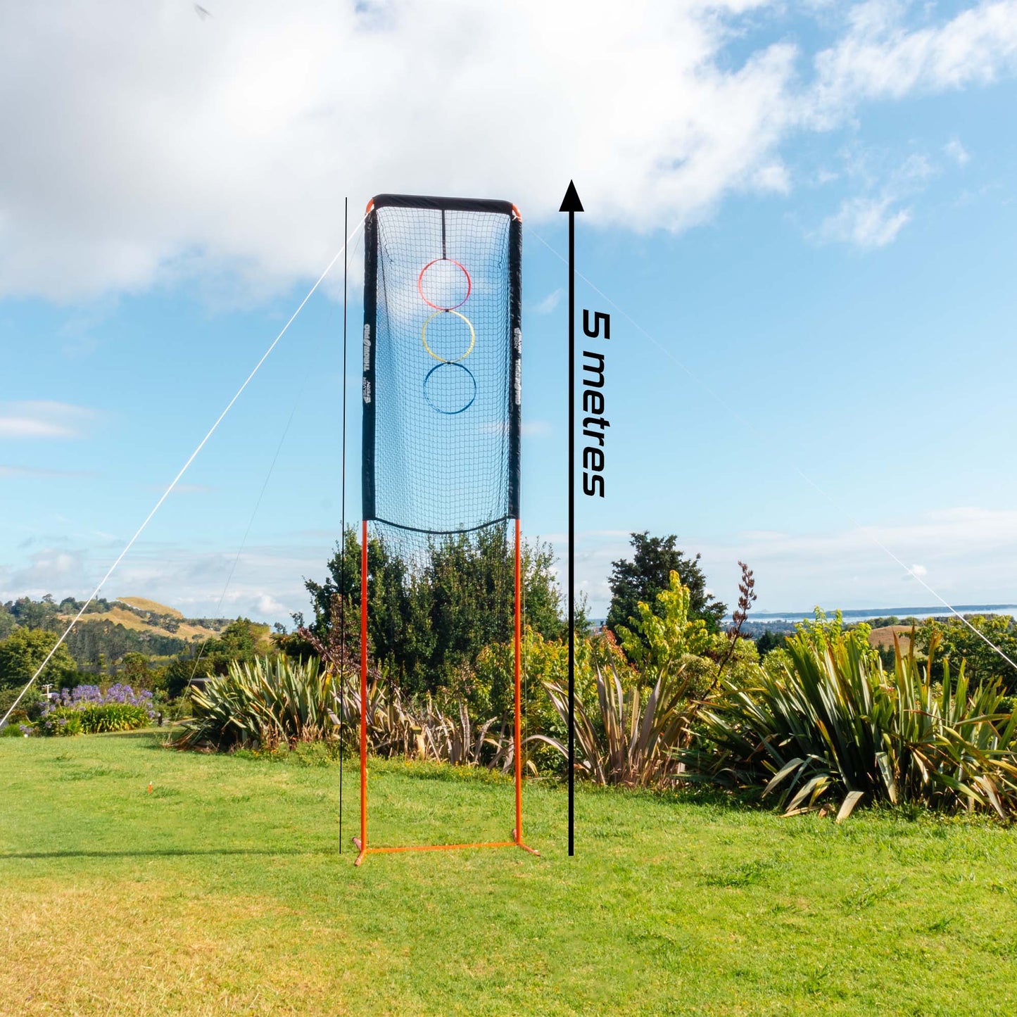 ThrowPro Rugby Lineout Throwing Net, infographic with product height (5 meters), lifestyle shot.