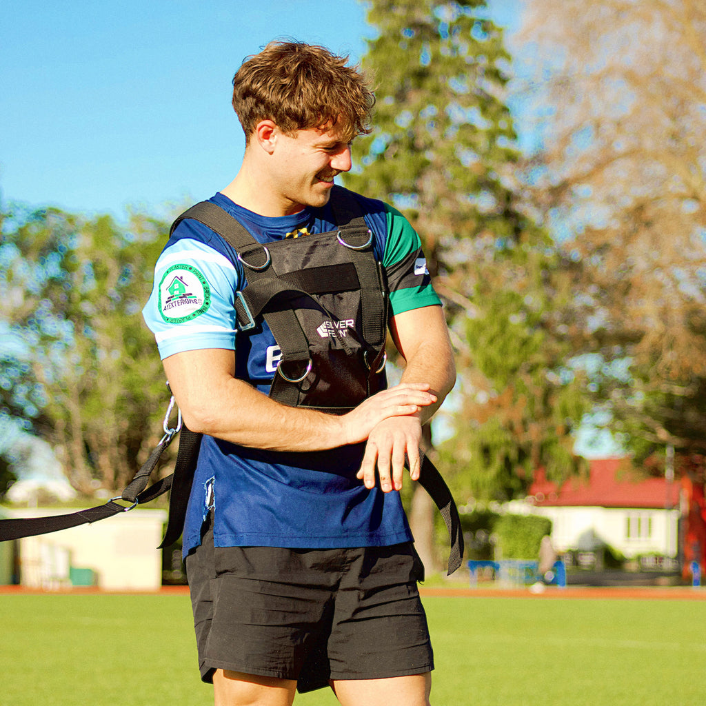 Silver Fern Scrum Ruck Resistance Harness Set Pair, Lifestyle shot, harness set displayed on field