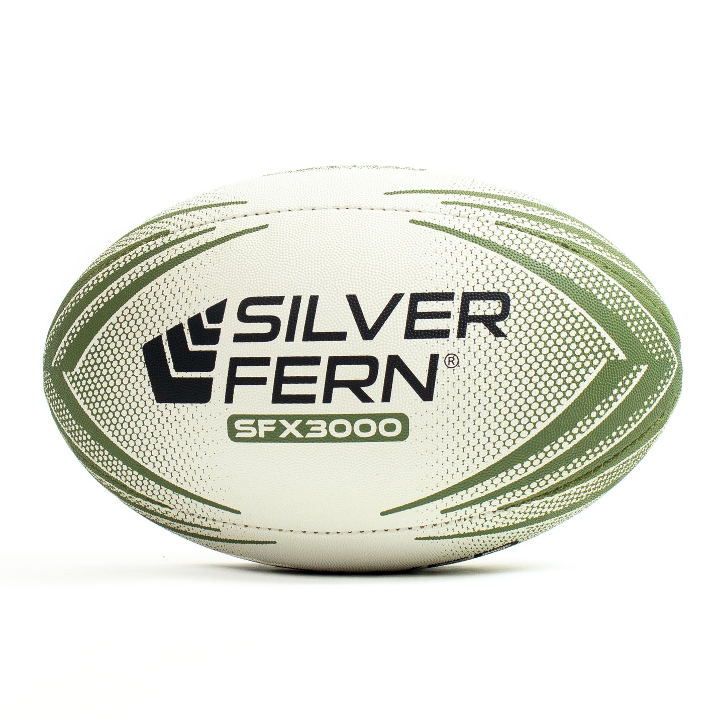 Green and white rugby ball with Silver Fern branding on a white background