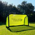 Silver Fern Soccer Goal, lifestyle shot, goal sitting on a backyard.