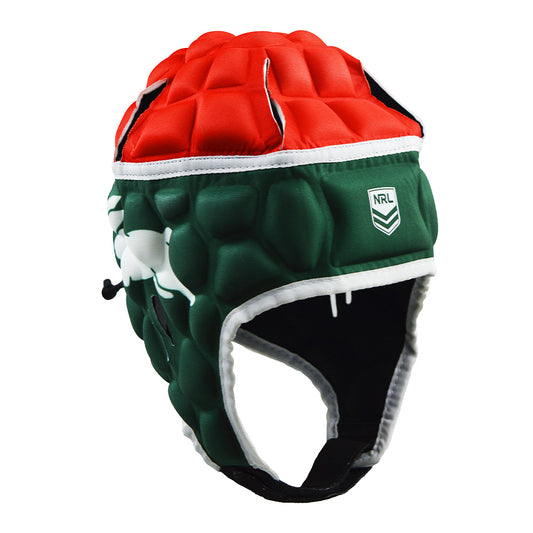 Green and red rugby helmet with a visible NRL logo on a white background