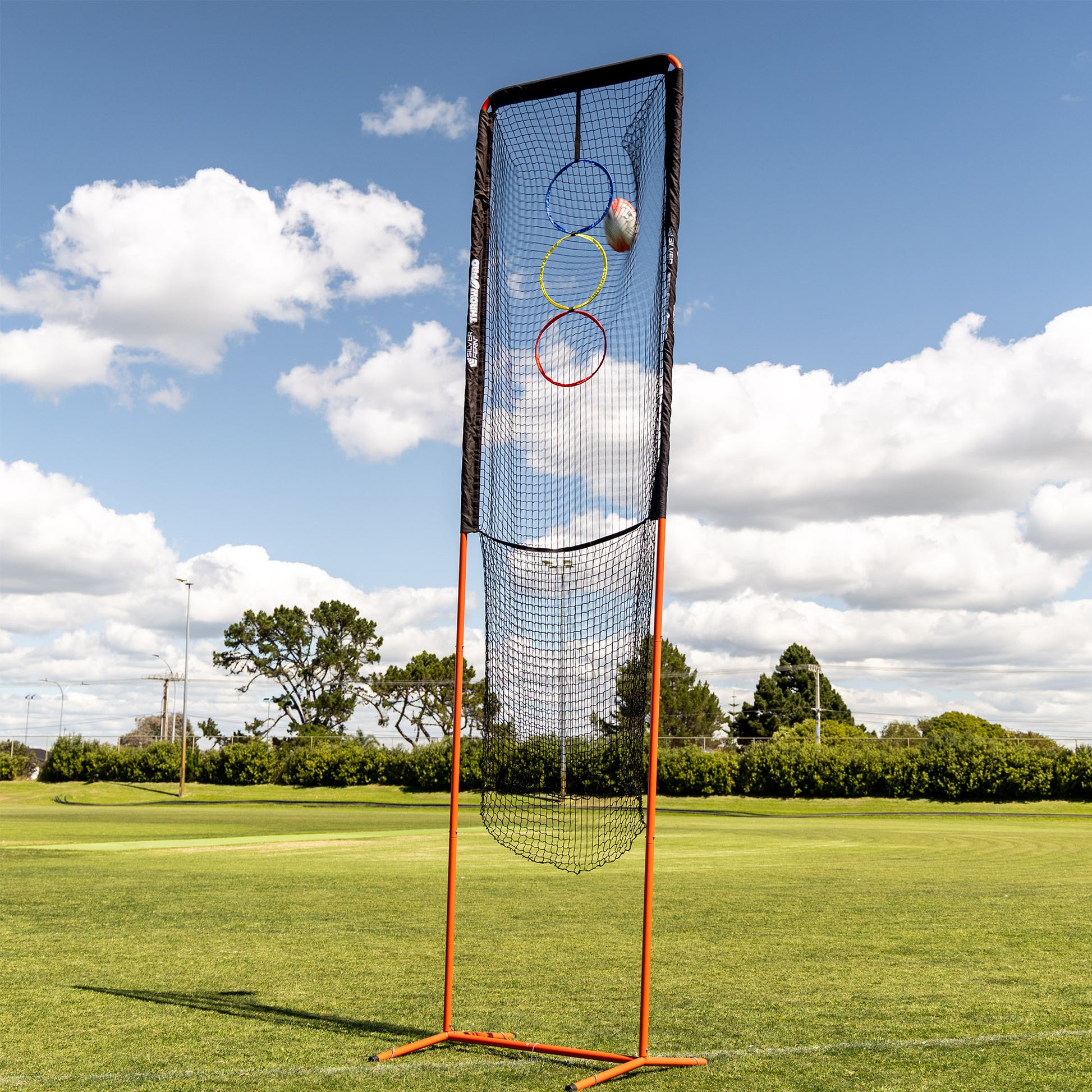 ThrowPro Lineout Throwing Net, lifestyle shot, rugby ball being thrown at the ThrowPro.